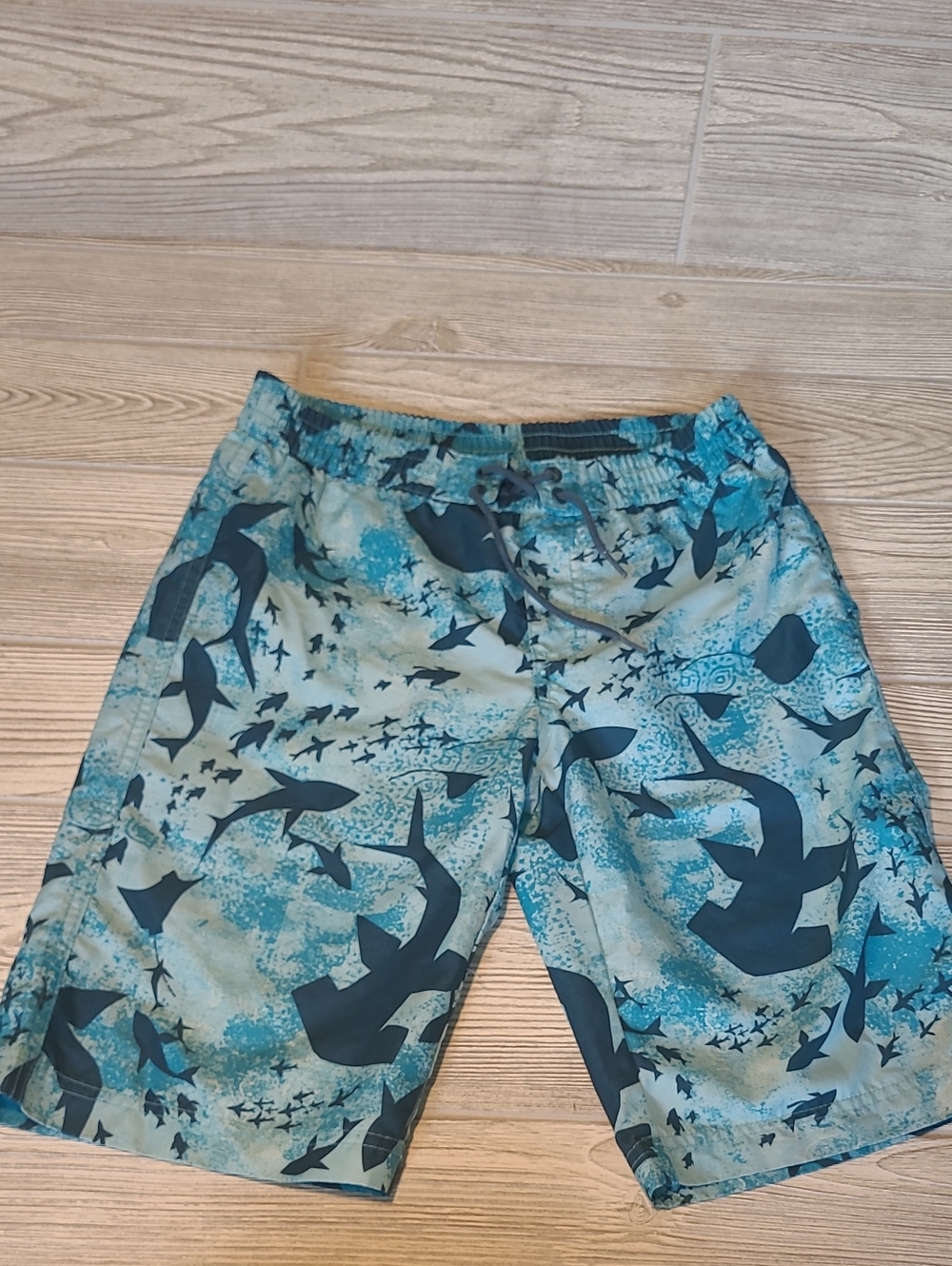 Boy's Teal Shark-Print Swim Shorts